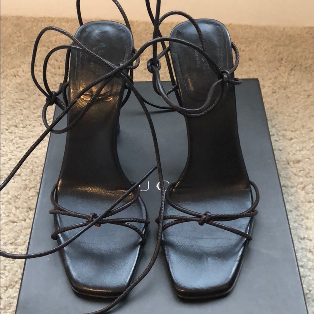 Gucci dark brown wrap bamboo heel